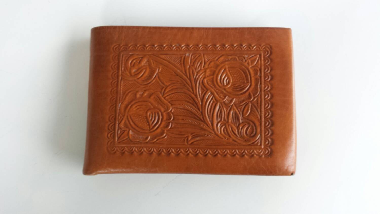 Mexican Aztec Hand Tooled Brown Leather Bifold Wallet / Mens