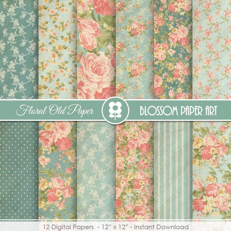 Teal Floral Digital Paper Floral Digital Paper Pack Vintage