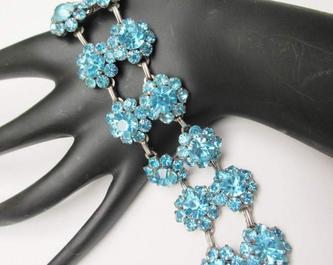 Blue Link Bracelet double strand of Rhinestone flower mid century light baby blue rhinestone bracelet