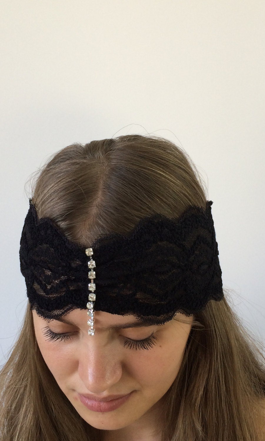 Black Lace Bridal Headband Rhinestone Drops Stretch Headband Wedding Headband Hairband 7490