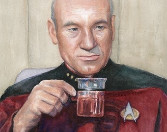 Captain Picard: Tea, Earl Grey, Hot; Star Trek Portrait Watercolor, Giclee Art Print