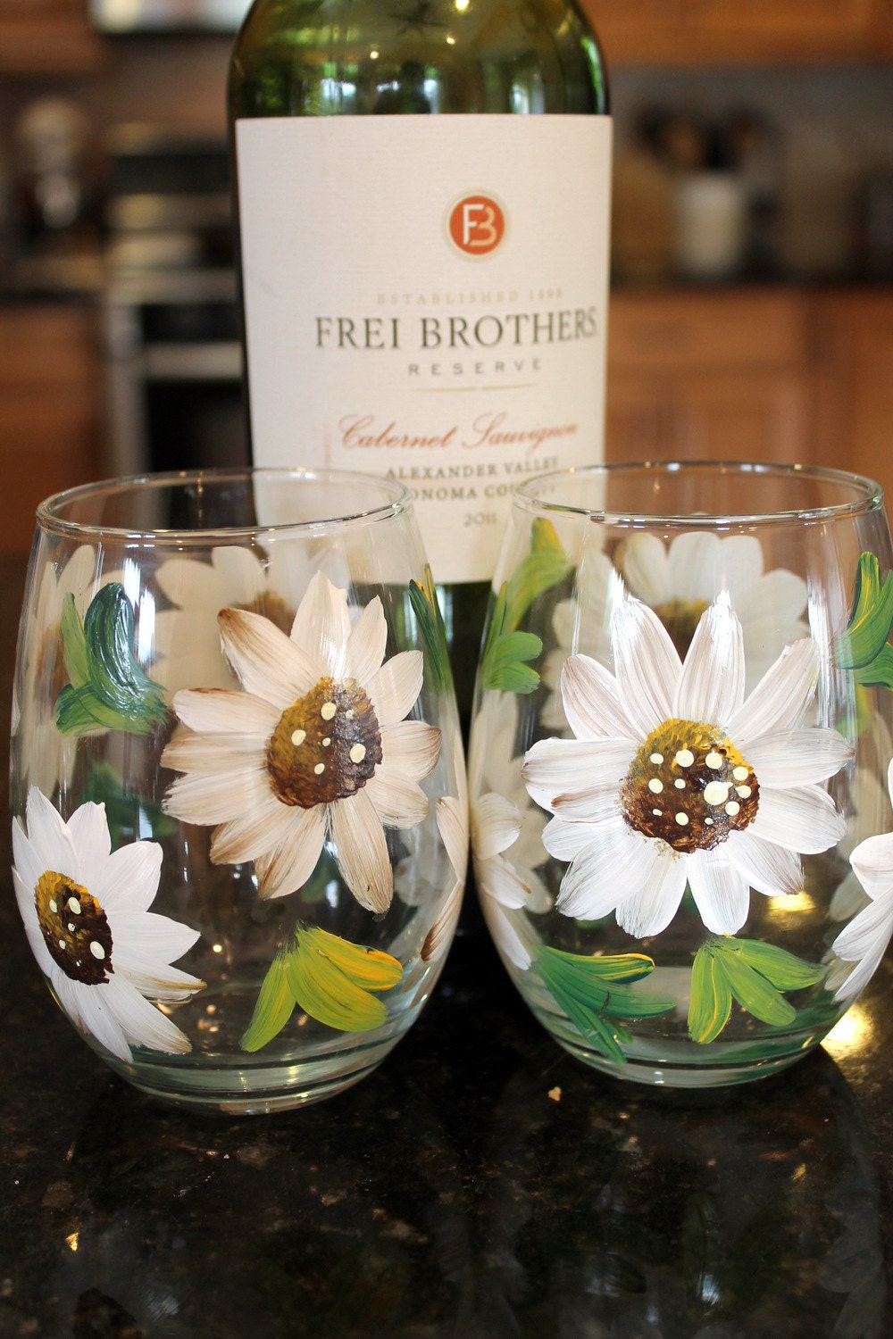 Daisy Wine Glass Hand Painted Stemless Wine by Brusheswithaview
