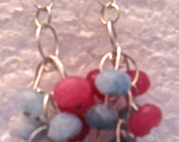 Natural Cluster of Pink Ruby and Blue Aquamarine Silver French Hook Earrings E90