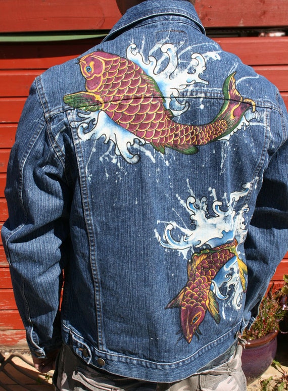 Tattoo Koi carp Mans denim jacket Hand painted bleached 