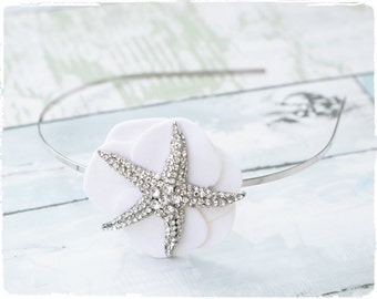 Starfish Brooch Headband Velvet Hydrangea Petals- Hair Wedding Headpiece - Silver Hair Band