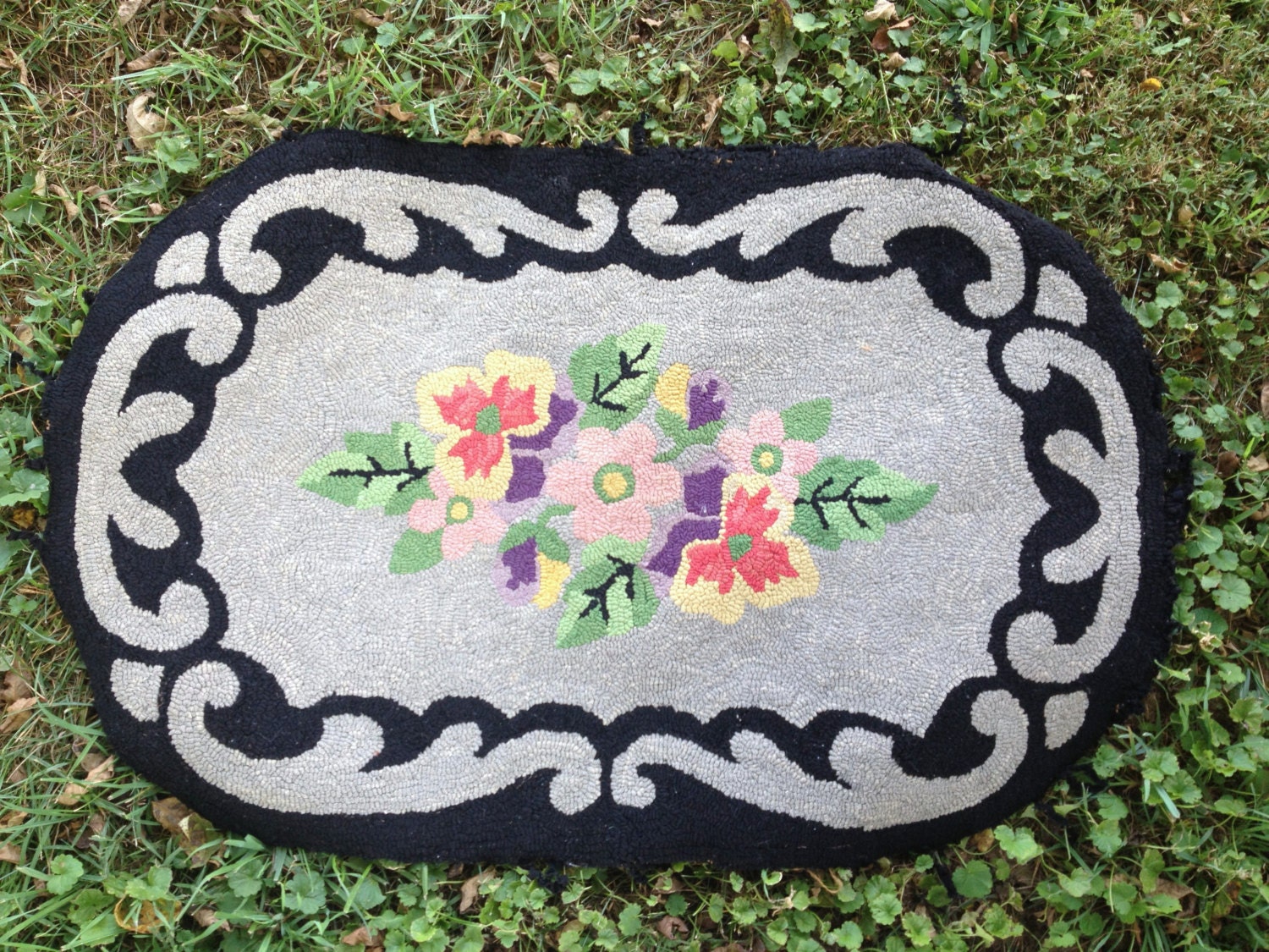 Vintage Hand Hooked Rug Wool Floral Oval Black & by AStringorTwo