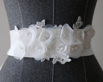 Handmade Lace Flower Wedding Sash Bridal Belt ,width wedding flower sash ,Ivory white flower sash belt