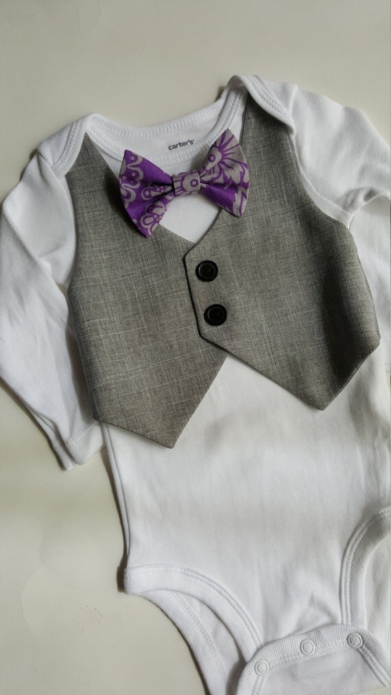 Baby Boy Bodysuit With A Grey Vest Attached And A Purple Grey