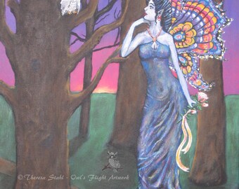 Fairy Secret Garden Art Print Snowy Owl Magical Girl, Kindred Spirits Winged Heart Romantic Night, original artwork, Friendship Gift for Her
