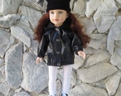 Black hooded imitation leather jacket for an 18" doll. Black hooded imitation leather jacket for an 18" doll.