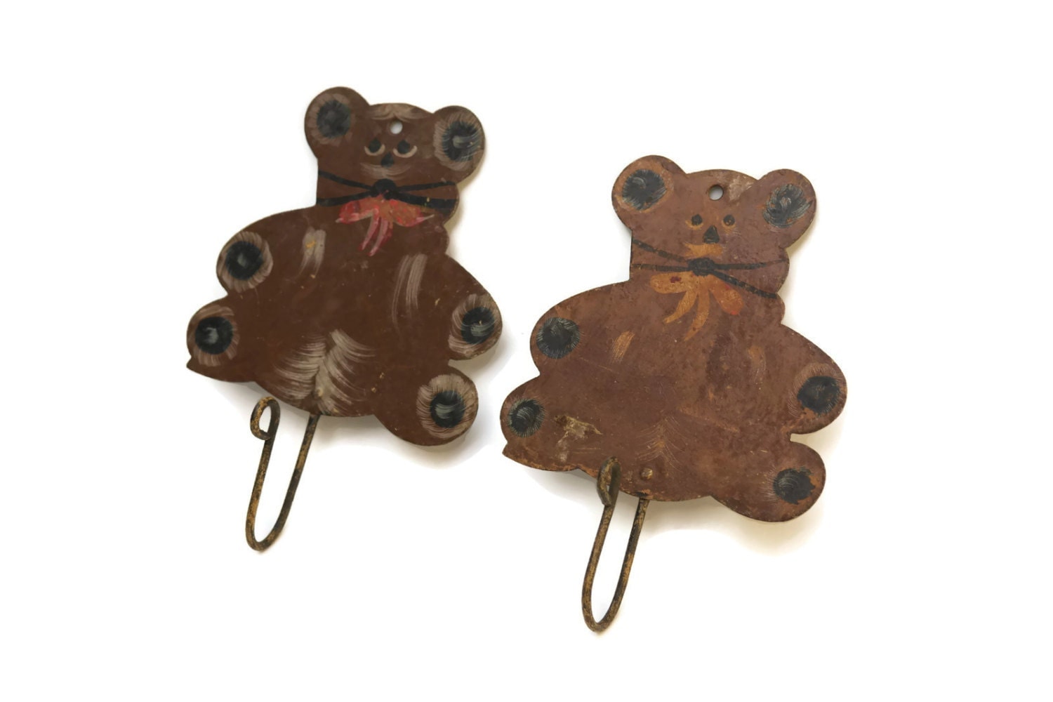 2 Teddy Bear Coat Hooks. Hand Painted Antique Teddy Bear Wall