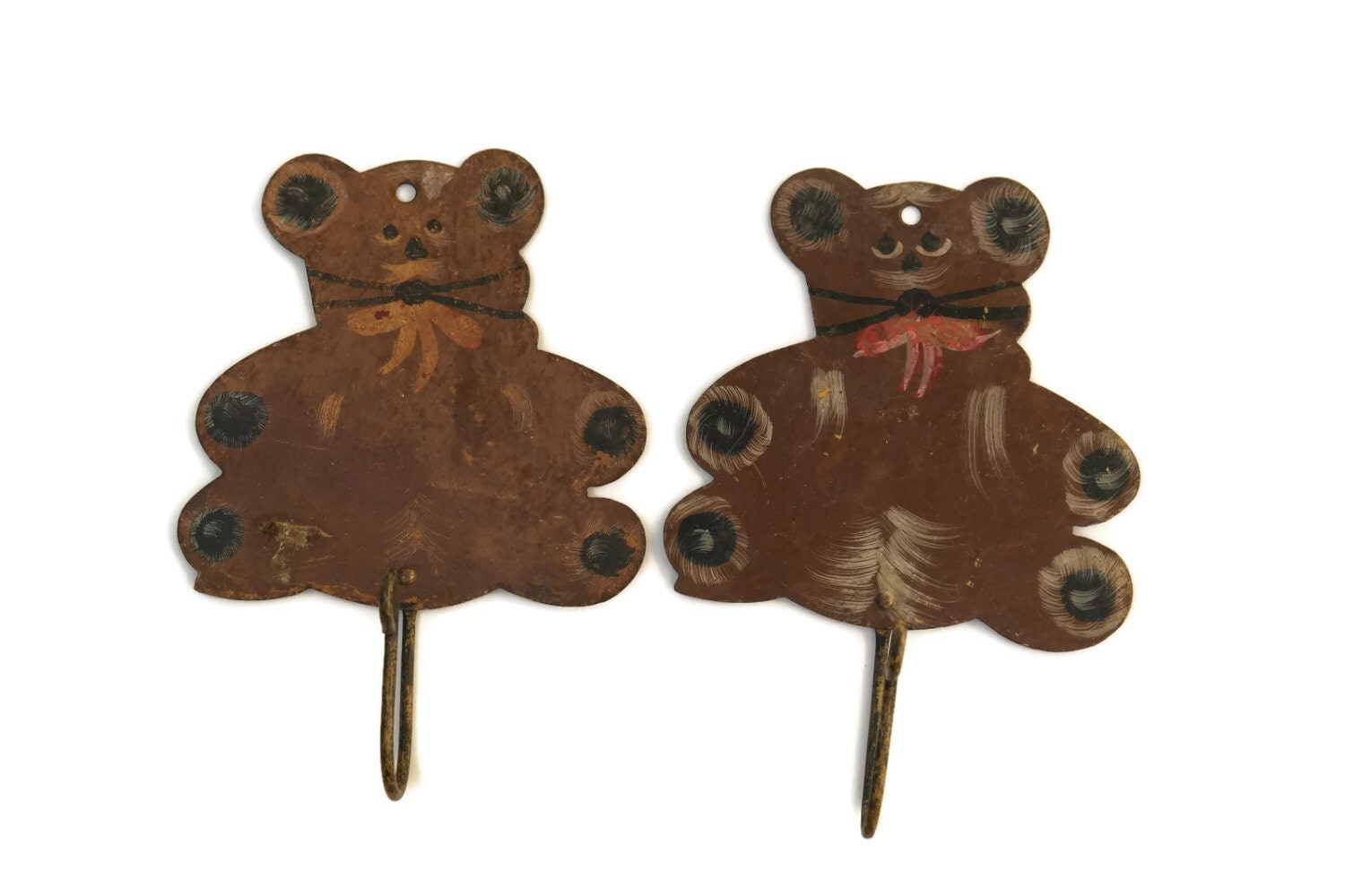 2 Teddy Bear Coat Hooks. Hand Painted Antique Teddy Bear Wall