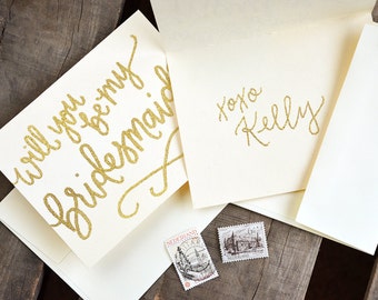 Personalized Glitter and Opaque Embossed, Handwritten Calligraphy Bridal Party Cards - Will You Be My Bridesmaid Invitation, Maid of Honor +