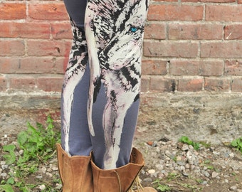 Grey Yoga Pants, Wolf Print, Hand Painted Print, Bamboo Terry Leggings, Steel Grey Leggings, High Waisted Leggings