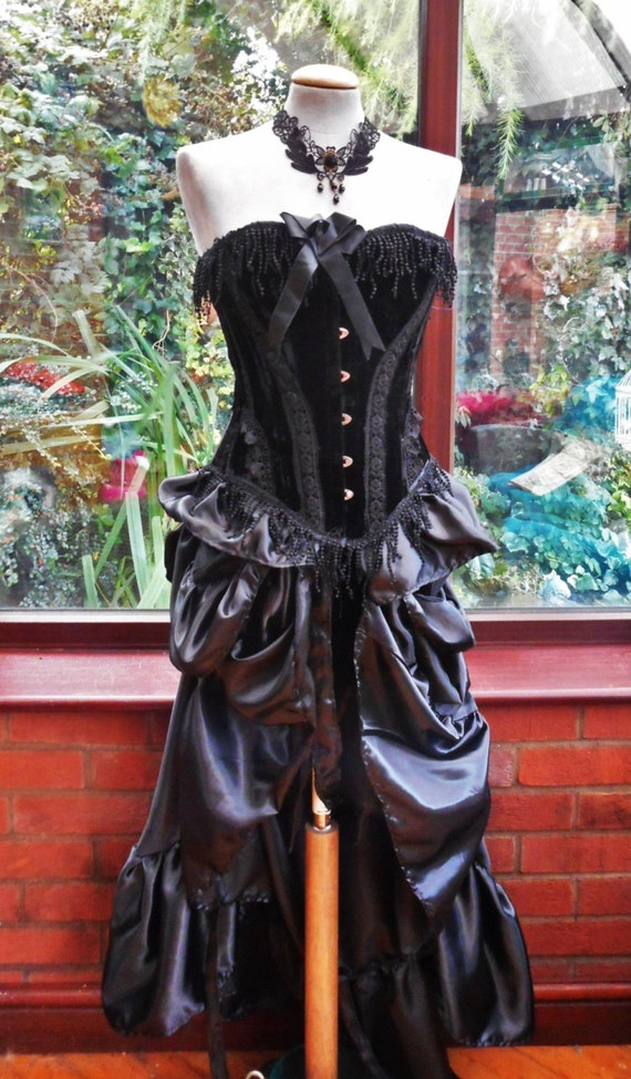 Black Velvet bustle corset dress steel boned handmade corset