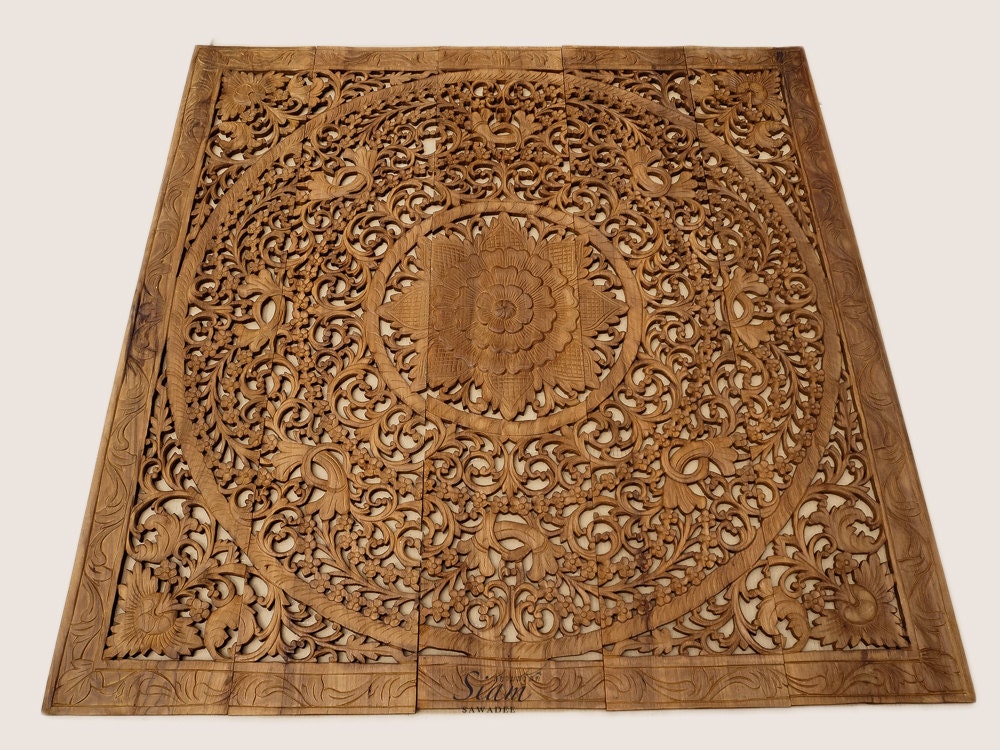 Carved Lotus Wooden Bed Headboard Wall Paneling From Thailand Carved Lotus Wooden Bed Headboard Wall Paneling From Thailand Authentic Teak Wood Carving Hanging Asian Style 5 X5 Ft Light Brown