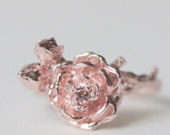 Rose ring, rose gold rose ring, rose gold jewelry, flower ring, silver ring, statement ring, twig ring, brown stone ring, bridesmaid gift