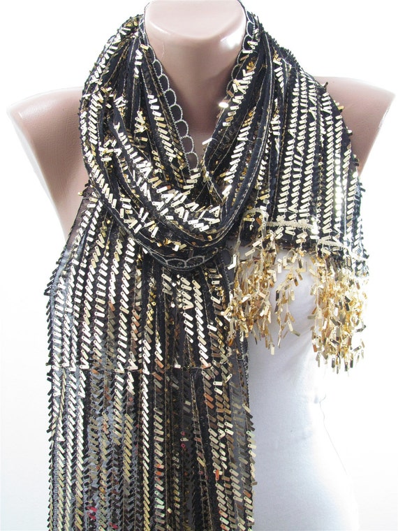 Metallic Gold Scarf Shawl Sparkle Sequin Scarf By Scarfclub