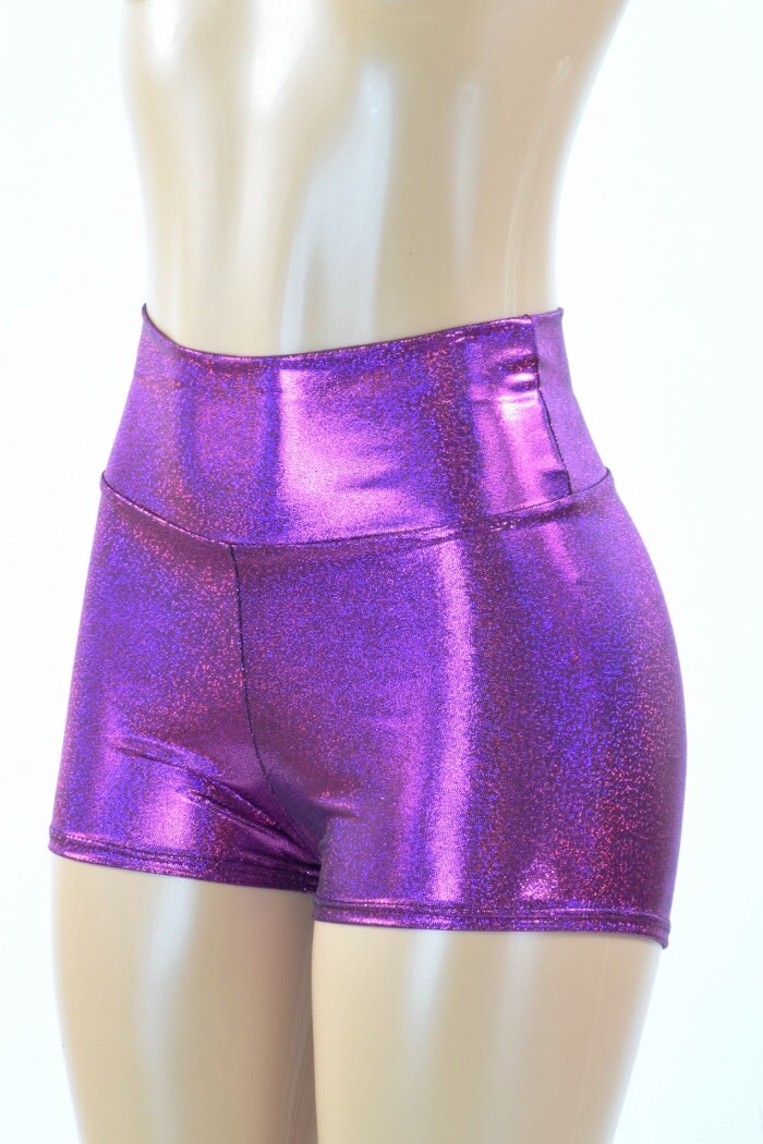 Fuchsia Sparkly Jewel Holographic High Waist Booty Shorts Rave 8716