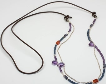 Sapphire, Iolite, Carnelian, Amethyst, Sterling Silver Necklace