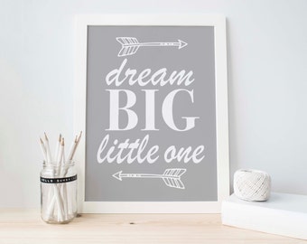 Nursery Wall Art, Grey Nursery, Grey White Decor, Purple Decor, Boys Nursery, Baby Boy Decor, Arrow Print, Dream Big Little One, Baby shower