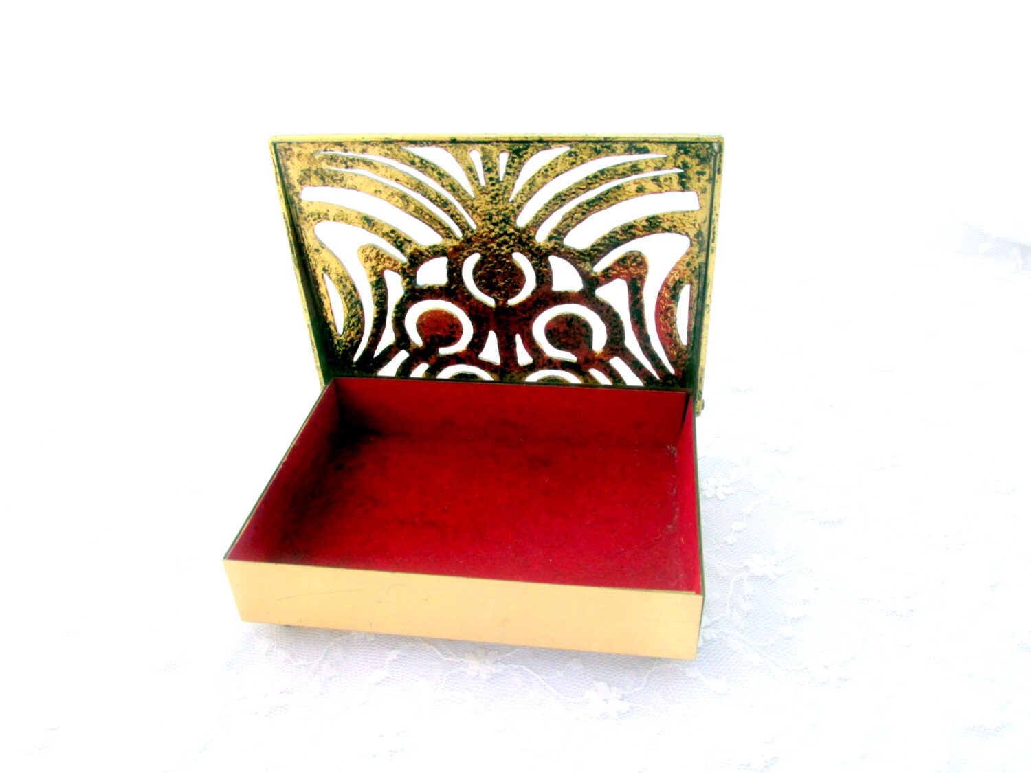 Vintage Vanity Box Open Filigree Lid Gold Tone Metal Red Inner Lining Collectible Gift Item 1710
