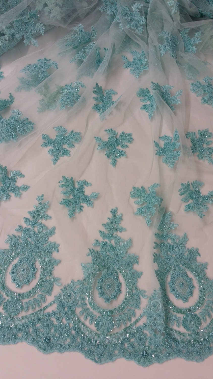 Beaded mint green lace fabric Sequin lace Chantilly by LaceToLove