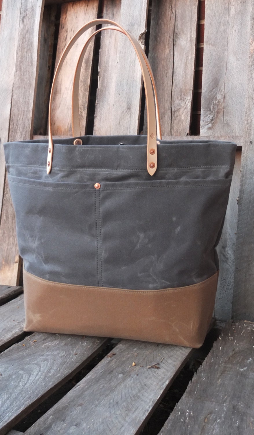 Waxed Canvas Tote Bag with Leather Handles/Magnetic Closure