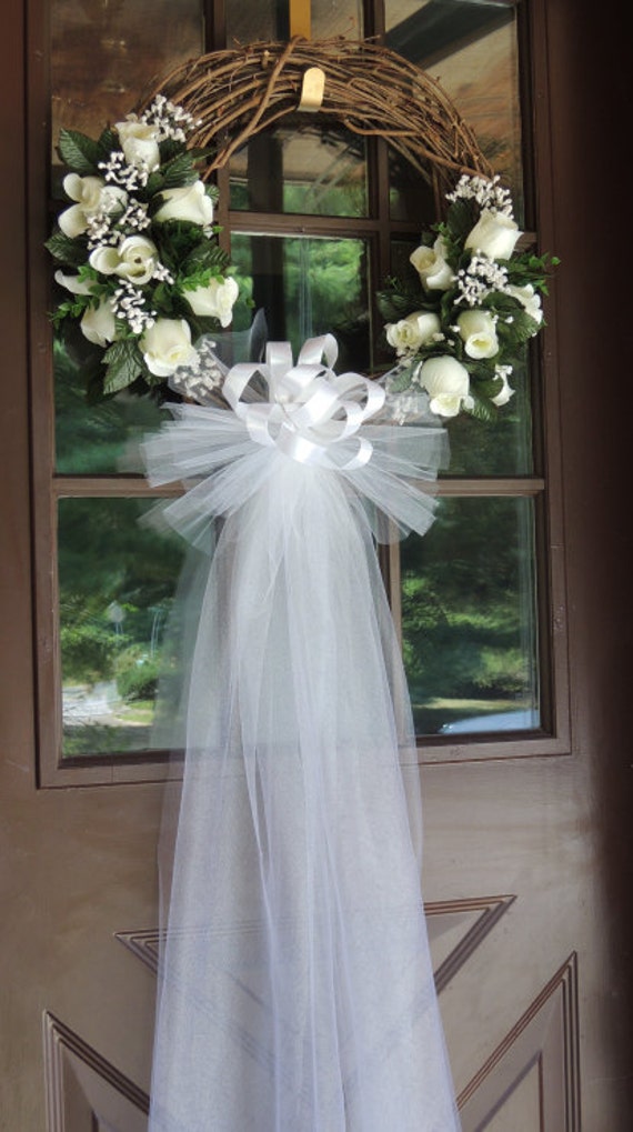 White Rose Wedding Door Wreath Grapevine Wreath Bridal