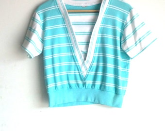 Vintage, Baby Blue and White Short Sleeved Top