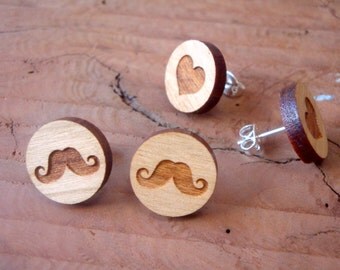 Moustache Earrings, Heart Earrings, 2 Pair Earrings Set, Wooden Earrings