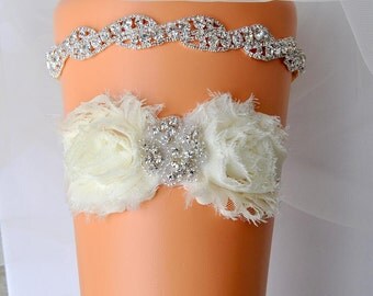 Luxury Bridal Garter Set, Wedding Garter Set Ivory, Ivory Shabby Chic Rhinestone Garter, Crystal Rhinestone Garter and Toss Garter Set