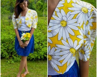 1980 Vintage Bolero/ Sunshine on a Bolero/ Medium Bolero/ Yellow Bolero/ Floral Vintage/ Gerbera Bolero/ Cotton Bolero/ Puffy Sleeve Bolero