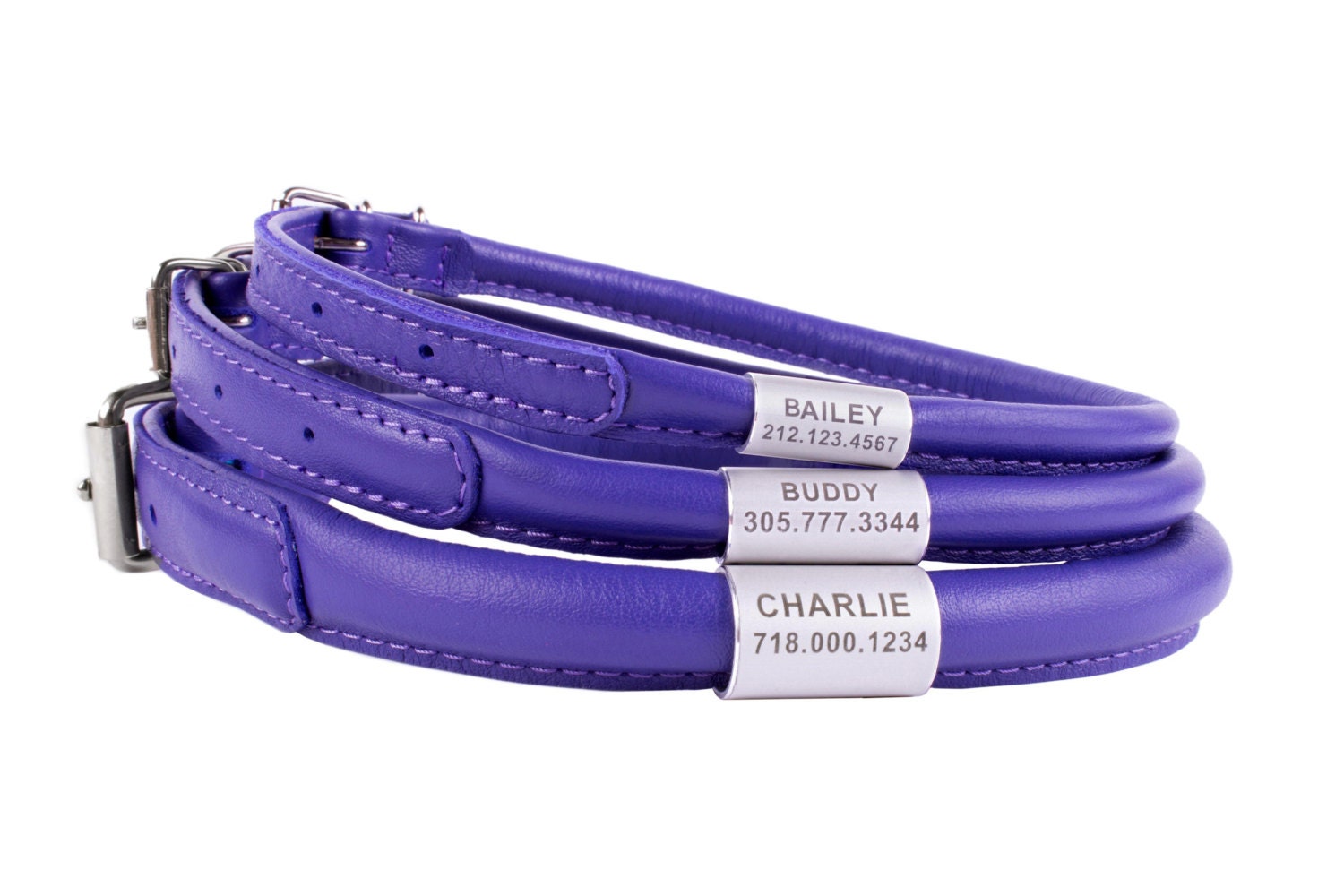 Rolled Round Leather Dog Collar Purple OPTIONAL ID TAG Extra
