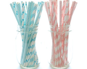 Blue & Pink Baby Shower Straws, Unisex Boy Girl Party Straws, Pink and Blue Straws, 50 Pack - Baby Shower Stripe, Chevron, Polka Dot Straws