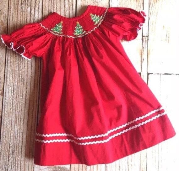 Red Smocked Christmas Tree Dress