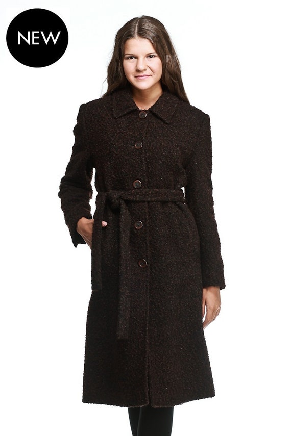 Elegant long brown boucle wool coat / womens winter coat