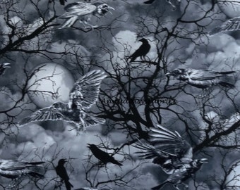Crow Fabric, Timeless Treasures Wicked Eve C3762, Ravens Fabric, Halloween Landscape Fabric, Crows, Moon & Skeletal Trees, Spooky Cotton