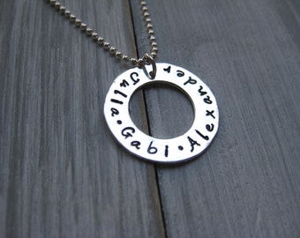 Sterling Silver Mothers Necklace Silver Washer Personalized Jewelry Childrens Names Hand Stamped New Baby Necklace Grandmothers Necklace