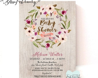 Boho Baby Shower Invitation // Watercolor Autumn Fall Rustic Fall Baby Shower Plum Beige Purple Brown // Printable OR Printed No.1030BABY