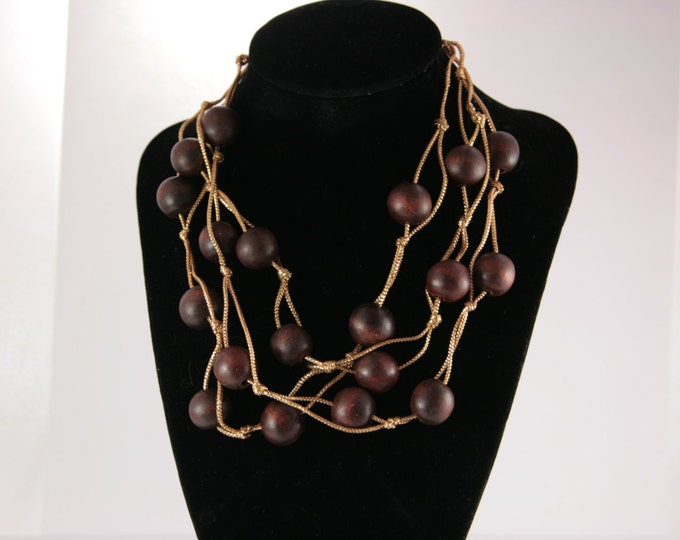 Wood Necklace Necklace of Wooden Beads and Gold strings marked NY 3 Strand Boho Tree Beads