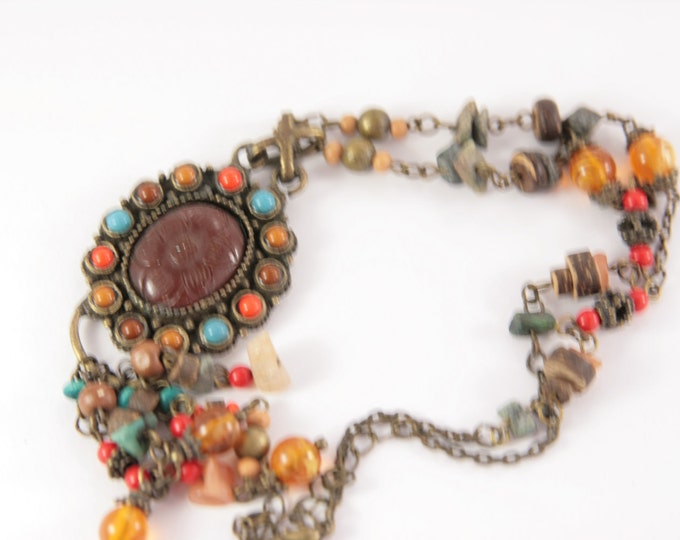 Boho Chic Necklace Southwestern Faux Semiprecious Necklace Cameo Antique Imitation Necklace Pendant like West Germany