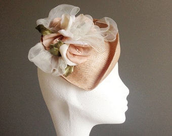 ANNE Vintage Straw Millinery Fascinator Mini Percher Hat with Handmade Silk Flowers