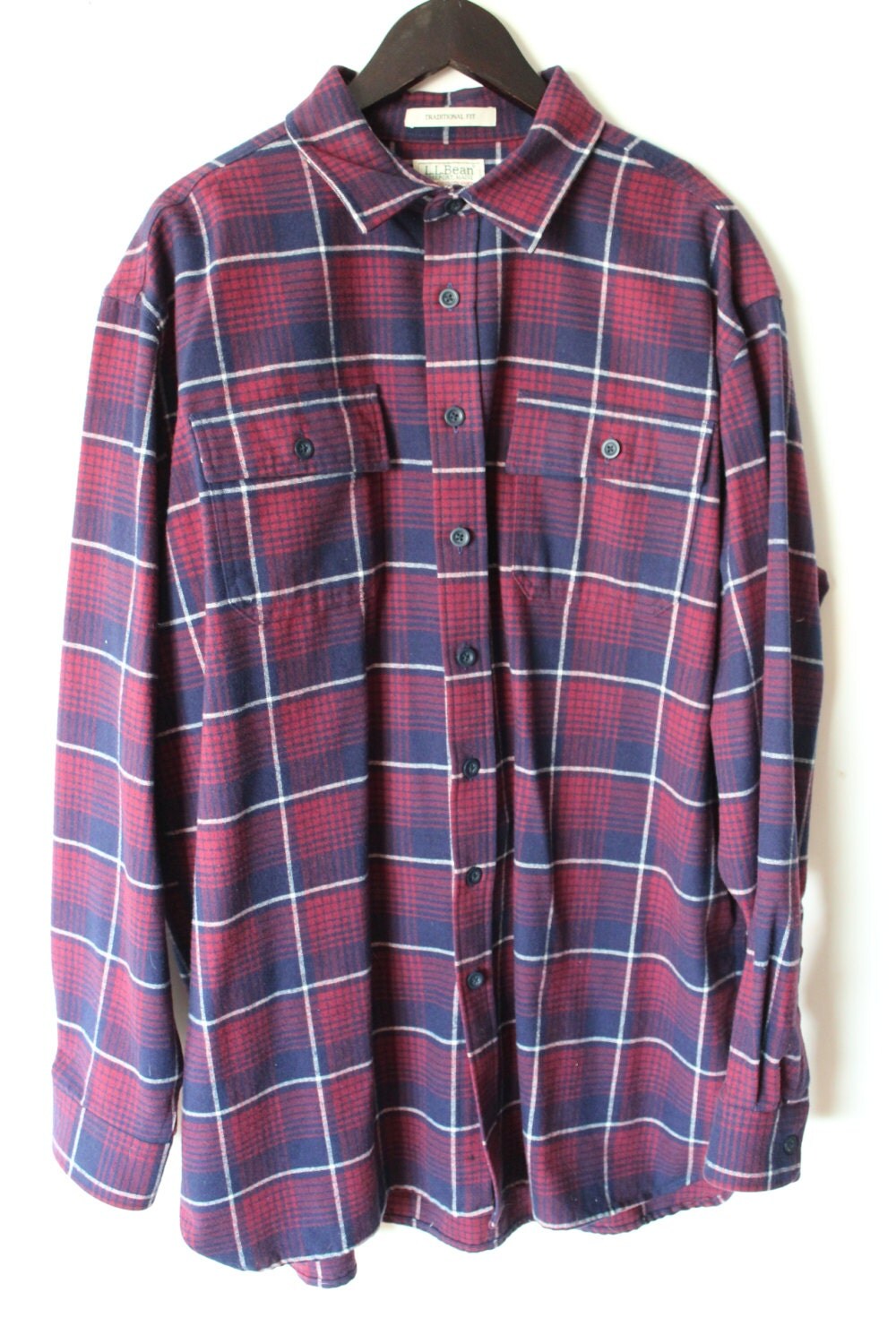 LL Bean Flannel / Men's Plaid Shirt / Maroon & Navy