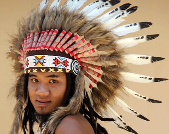 ON SALE Feather headdress indian style, black and white, short length, native american inspired warbonnet