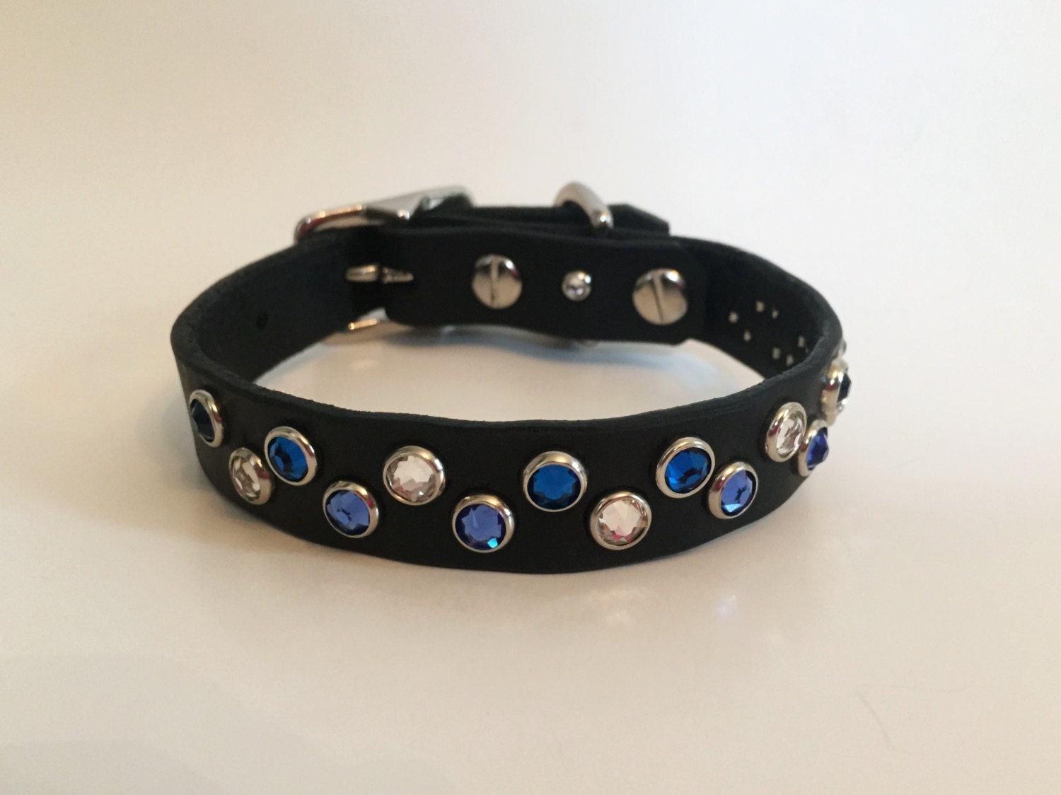 Boy dog collar leather Blue & Diamond Swarovski crystals