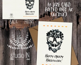 Halloween card, happy creepy halloween, skull card, happy halloween card