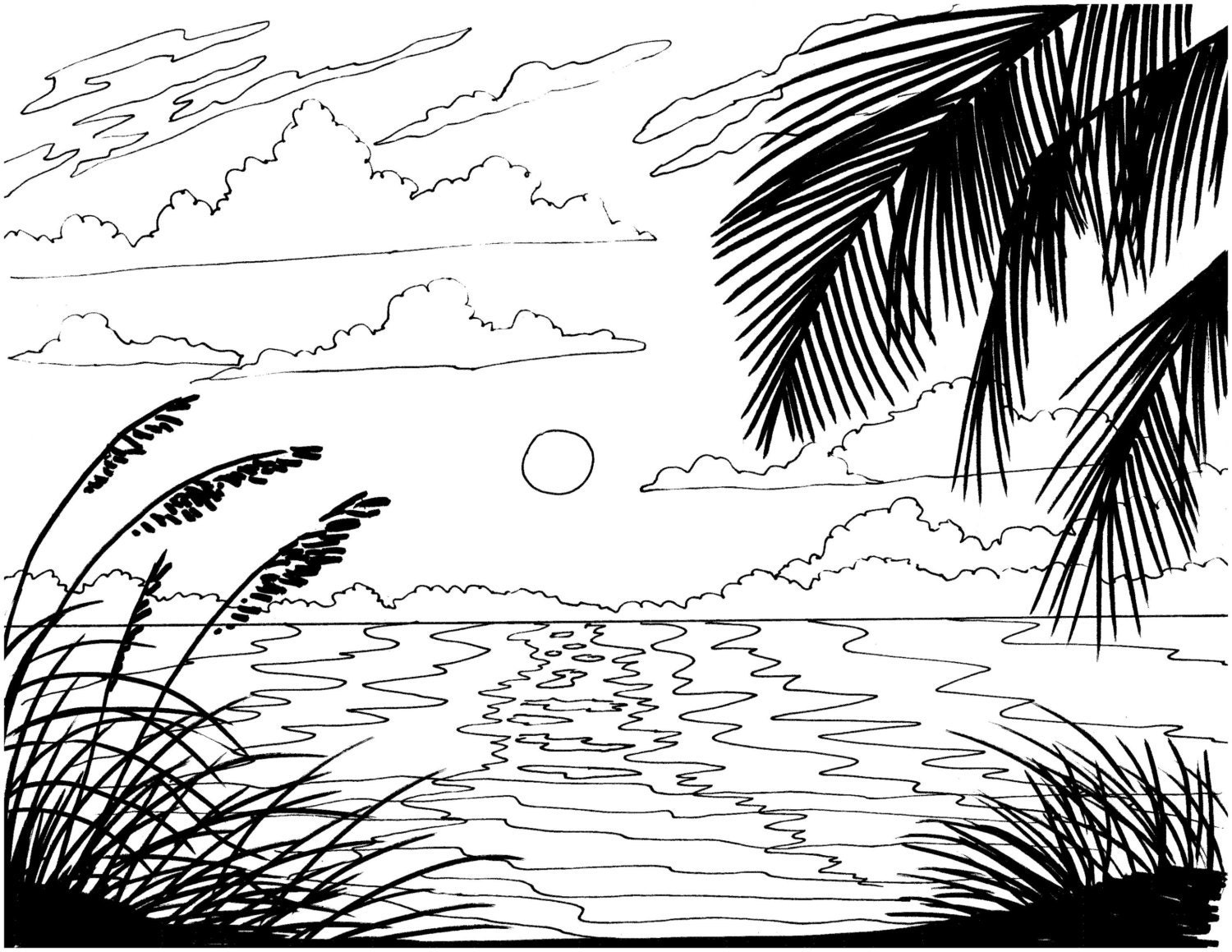 Beach Sunrise Coloring Page Embroidery Pattern Beach Art