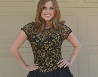 80s Cocktail Dress Gold Lace With Black Ruffles Knee Length Dress Vintage Evening Dress Epsteam