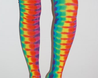 Tie Dye Thigh High Socks Neon Rainbow DNA Grateful Dead Tye Dye Women's Socks Sexy Hippie Gypsy psychedelic art socks